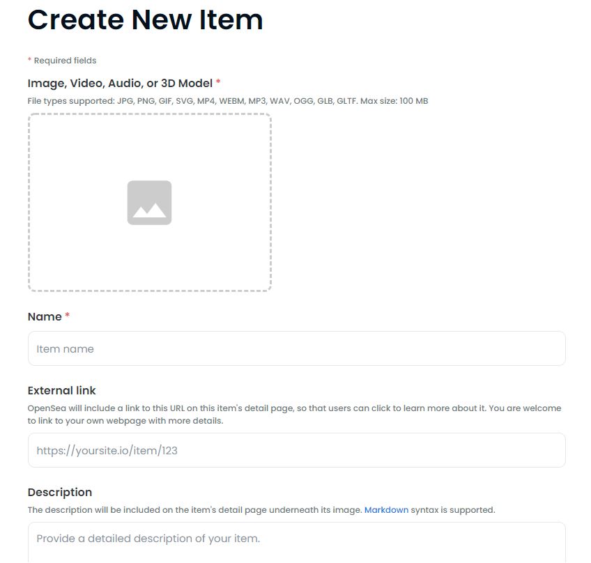 Tampilan Create New Item di OpenSea