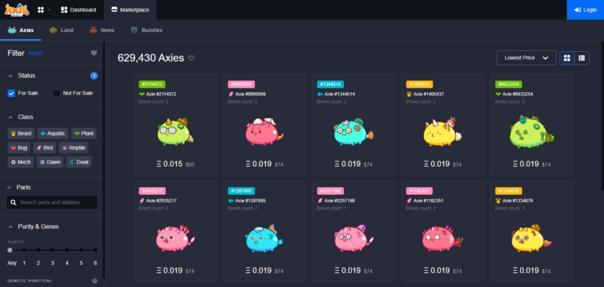 Tampilan NFT Marketplace Axie Infinity
