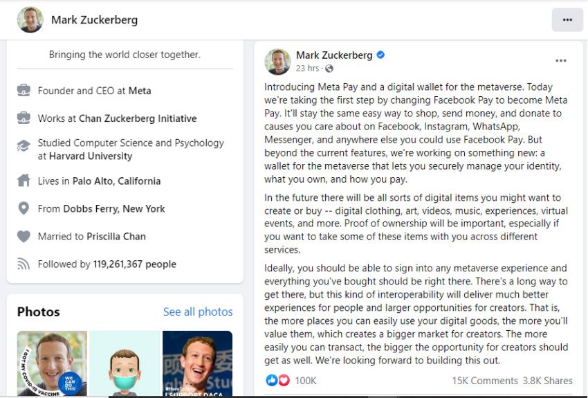 Tangkapan layar kiriman Zuckerberg di Facebook mengenai Meta Pay