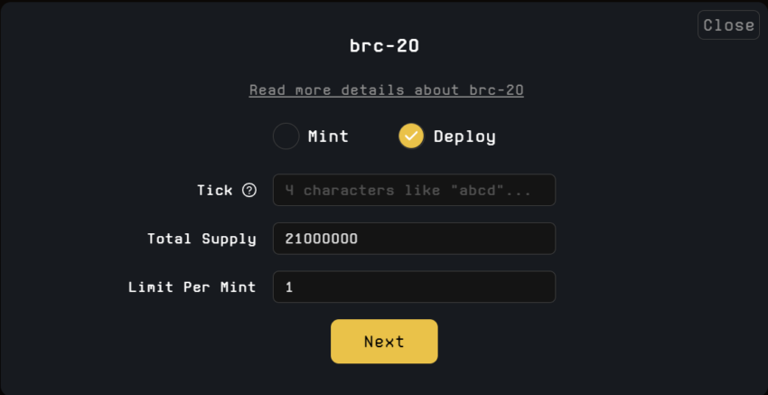 Pilih Deploy dan isi informasi token BRC-20 sesuai keinginan