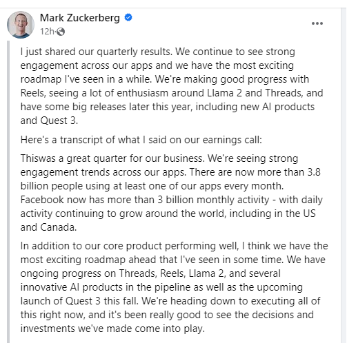 Unggahan Zuck tentang laju bisnis Meta Platforms | Sumber: Laman Facebook Mark Zuckerberg