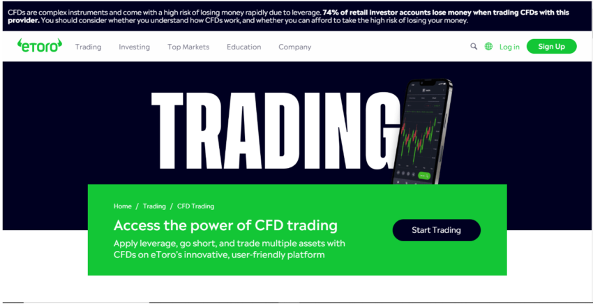 Penafian dari eToro terkait perdagangan CFD di platform miliknya | Sumber: Situs resmi eToro