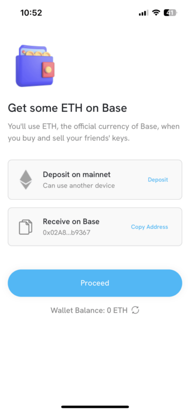 Deposit sejumlah ETH ke dalam wallet Base yang terhubung untuk menggunakan media sosial friend.tech