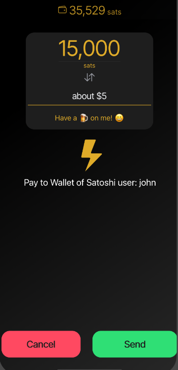 Periksa jumlah Satoshi Bitcoin yang ingin kamu kirimkan dan klik Send. Sumber: Wallet of Satoshi