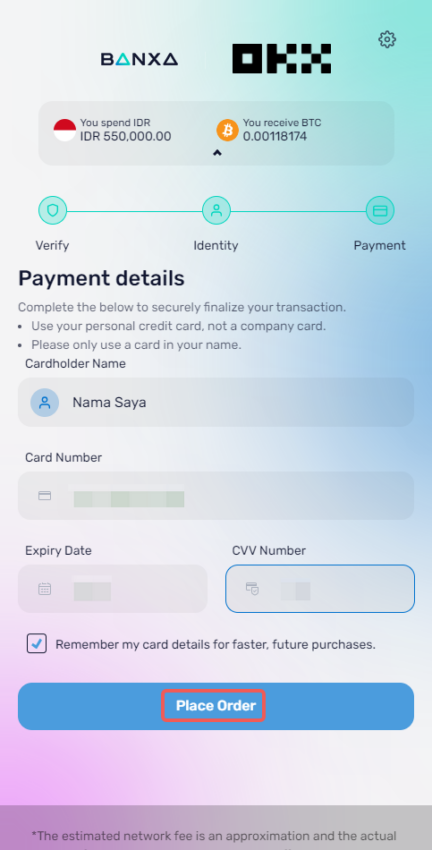 Banxa akan meminta pengguna untuk mengisi verifikasi dan informasi kartu kredit yang digunakan untuk beli Bitcoin dan crypto di platform OKX