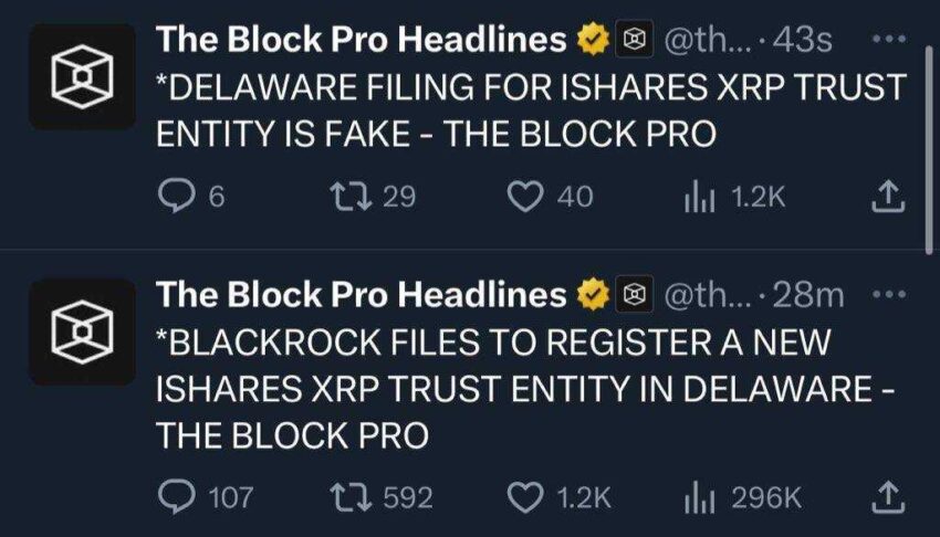 The Block sempat tulis pengajuan ETF XRP spot dari BlackRock | Sumber: Media sosial X (Twitter)