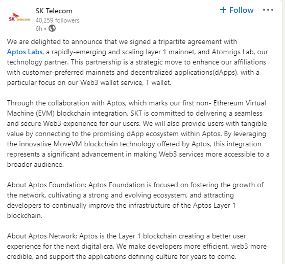 Pengumuman kerja sama Aptos Labs, Atomrigs Lab, dan SK Telecom | Sumber: LinkedIn