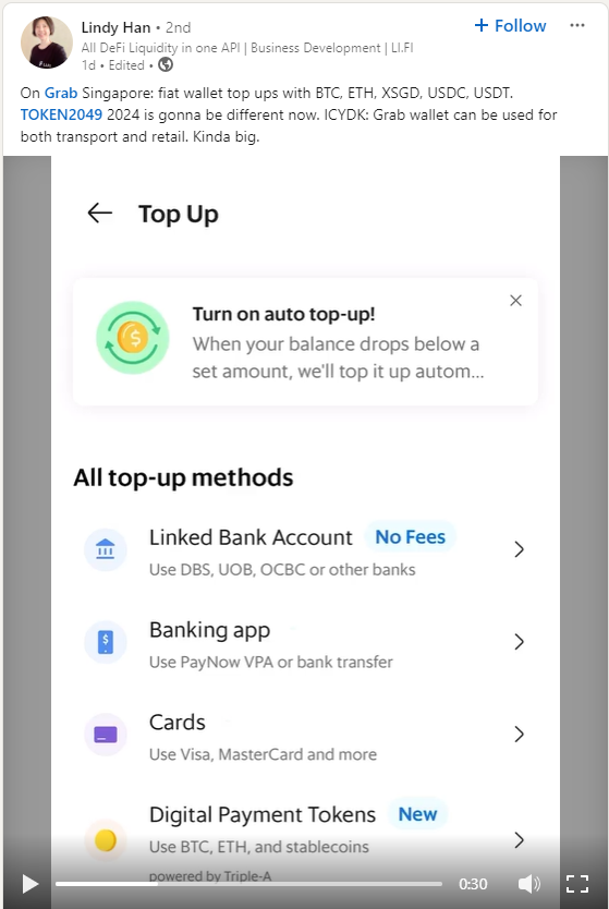 Tangkapan layar aplikasi Grab di Singapura yang menyediakan metode top-up menggunakan aset kripto | Sumber: LinkedIn Lindy Han
